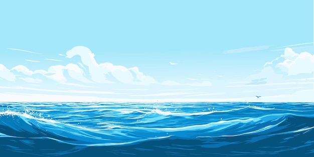 Le calme de l'été, le paysage marin, la mer bleue, l'océan, le ciel clair, les petites vagues qui ondulent sur l'eau, le vecteur.