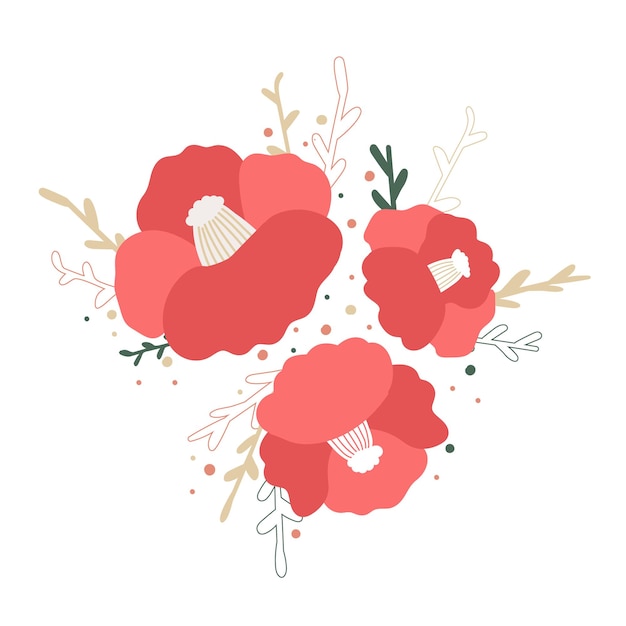 Camélia Japonais Rouge Dessinée à La Main Cartoon Fleurs Et Branches Asiatiques Lumineuses Sur Un Fond Blanc Isolé élément De Design Vectoriel Décoratif Illustration Florale