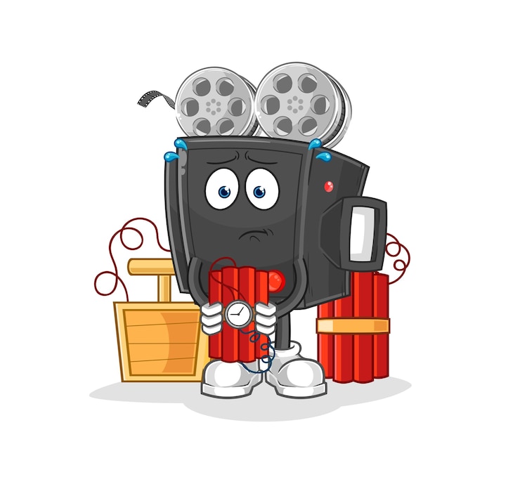 Vecteur caméra de film tenant le vecteur de mascotte de dessin animé de personnage de dynamite