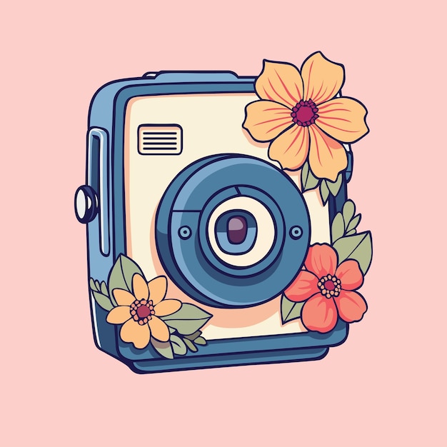 Vecteur caméra polaroid avec des fleurs composition graphique vectorielle célébrant la nostalgie et la beauté de la nature