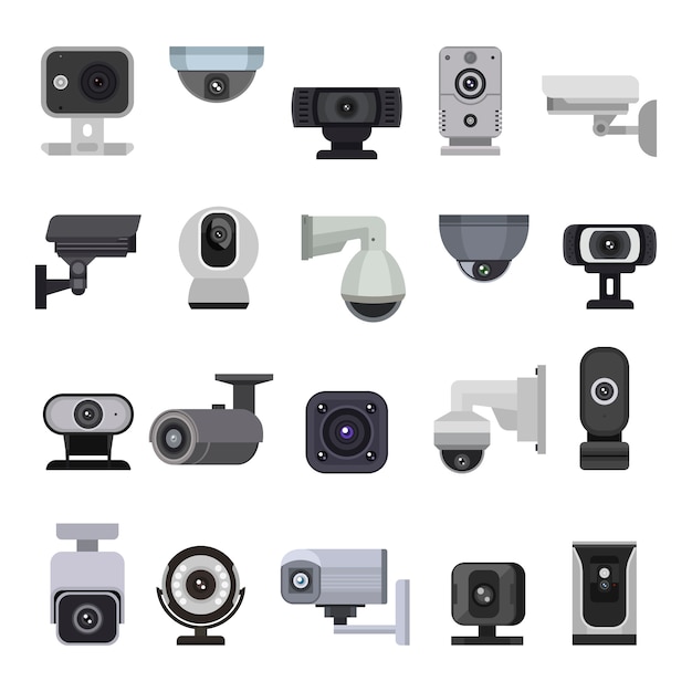 Vecteur caméra de sécurité cctv control safety video protection technology system illustration system set of privacy secure guard equipment webcam digital device isolated