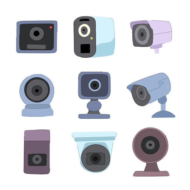 Vecteur caméra de sécurité définie illustration vectorielle de dessin animé