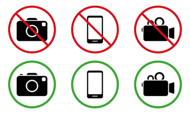 Caméra Vidéo Photo Smartphone Enregistrement Zone Autorisée Silhouette Noire Icon Set Camera Zone Ban Sign