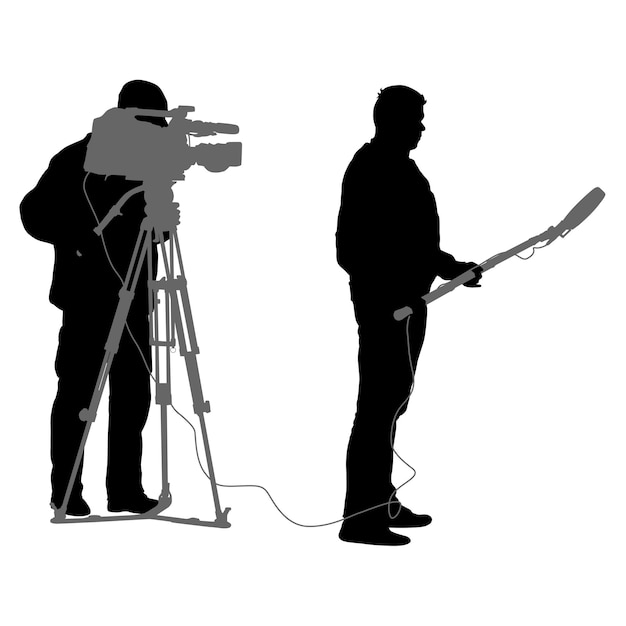 Vecteur caméraman avec caméra vidéo silhouettes sur fond blanc