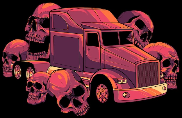 Vecteur camion américain avec des crânes autour de l'illustration vectorielle sur fond blanc