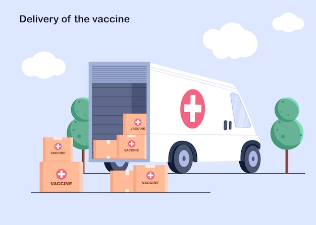 Vecteur le camion avec des boîtes de vaccin. le vaccin a été trouvé pour le virus. livraison de médicaments en pharmacie et à domicile.