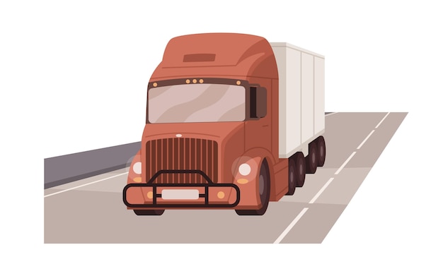 Camion cargo sur autoroute. Camion américain, transport routier poids lourd. Semi-remorque commerciale sur autoroute. Fret international, livraison de marchandises. Illustration vectorielle plane isolée sur fond blanc