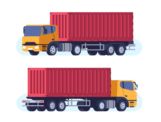 Camion de fret pour le transport de grands conteneurs maritimes Camion de livraison de fret Remorque automobile avec boîte lourde Vue latérale de l'automobile Logistique d'entrepôt Transport de marchandises Concept vectoriel