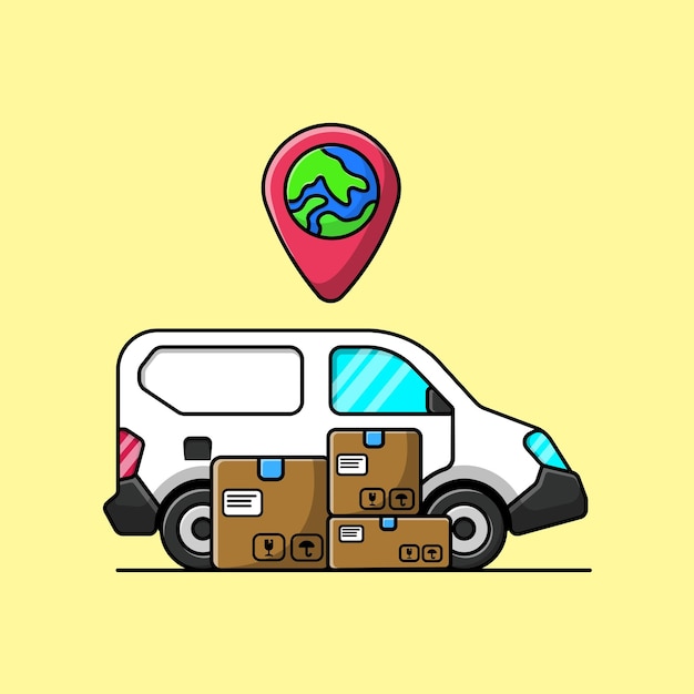 Camion De Livraison Avec Boîte Et Emplacement Cartoon Vector Icons Illustration