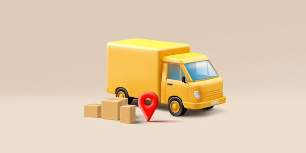 Un Camion De Livraison Jaune Avec Des Boîtes De Carton Et Une épingle Rouge Avec L'icône De L'étiquette Géographique Illustration De Rendu 3d