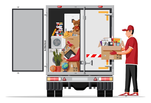 Vecteur camion de livraison plein de choses à la maison à l'intérieur déménagement dans une nouvelle maison famille relocalisée dans une nouvelle maison boîtes avec des marchandises transport de colis lampe d'ordinateur vêtements livres illustration vectorielle plane