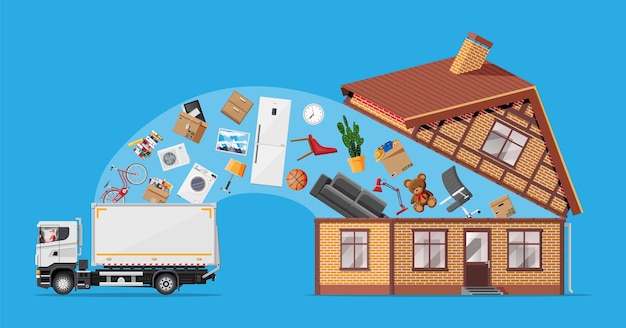 Camion de livraison plein de trucs pour la maison à l'intérieur. Déménagement dans une nouvelle maison. La famille a déménagé dans une nouvelle maison. Boîtes avec des marchandises. Transport de colis. Ordinateur, lampe, vêtements, livres. Illustration vectorielle plane