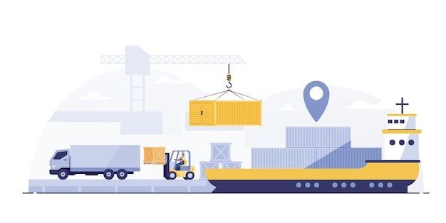 Camion de logistique de fret et porte-conteneurs de transport avec grue de travail industrie du transport d'importation et d'exportation.
