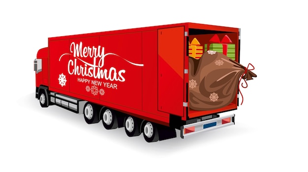 Camion De Noël Avec Sac De Père Noël Et Cadeaux, Livraison Isolé Sur Blanc