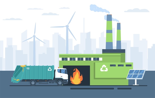 Camion à ordures et incinérateur sur fond de paysage urbain abstrait Illustration vectorielle
