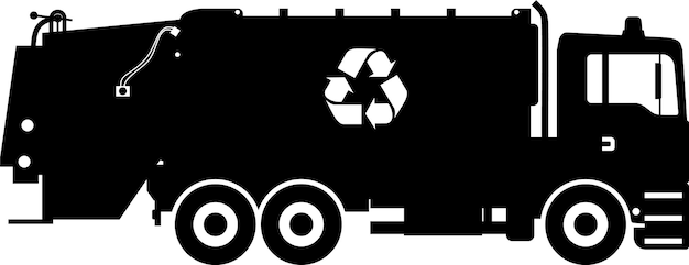 Camion à ordures noir avec symbole de recyclage sur le côté en illustration vectorielle de style plat