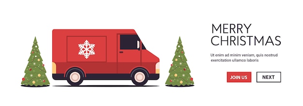 Camion Rouge Camion Offrant Des Cadeaux Joyeux Noël Bonne Année Vacances Célébration Express Livraison Concept Copie Espace Horizontal Illustration Vectorielle