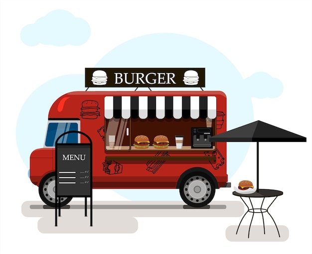 Camion de rue avec des hamburgers. Illustration vectorielle à plat d'un lieu de restauration rapide sur roues, une camionnette avec un menu. Icône de dessin animé élégant.