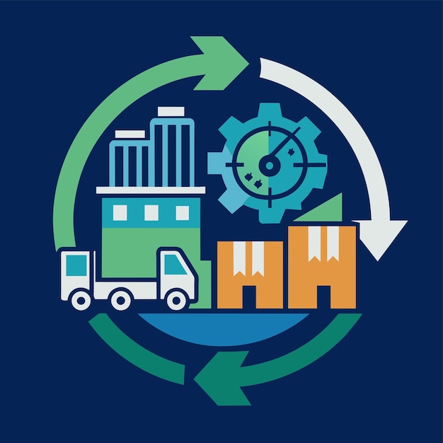 Vecteur un camion traverse une structure circulaire avec une horloge dessus un graphique minimaliste symbolisant les subtilités de la gestion de la chaîne d'approvisionnement dans l'industrie