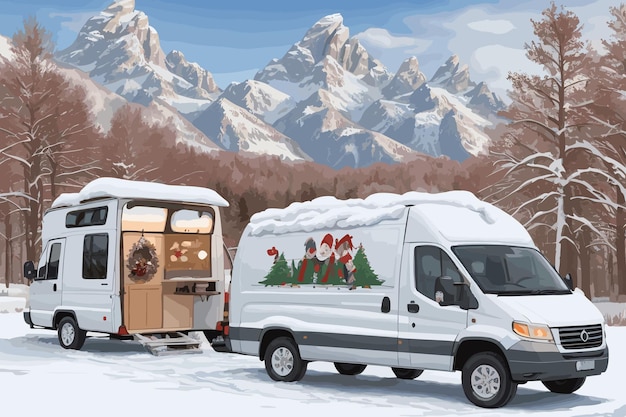 une camionnette blanche avec un arbre de Noël sur le devant et une montagne enneigée en arrière-plan.