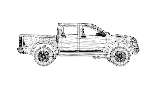 Camionnette sur fond blanc avec des lignes reliées à des points