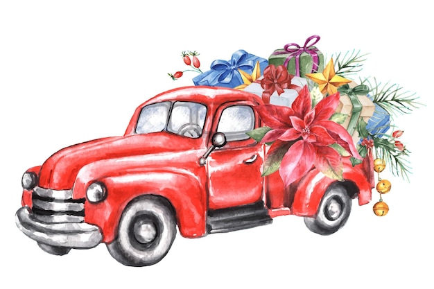 Camionnette rouge aquarelle avec coffrets cadeaux de noël