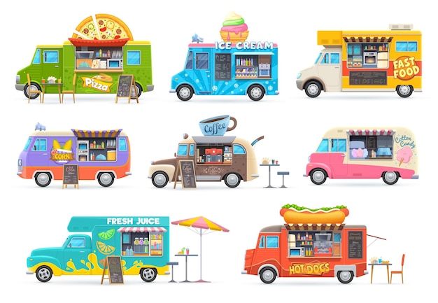 Camions alimentaires voitures isolées, fourgonnettes de dessin animé pour la vente de nourriture de rue