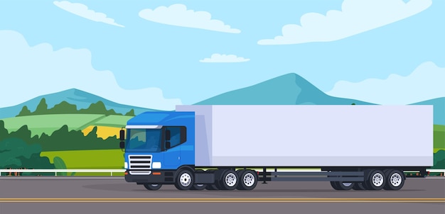 Les camions livrent des marchandises à leur destination Logistique des produits en route Le camion roule sur l'autoroute Illustration vectorielle