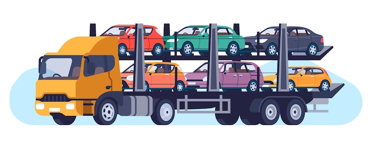Vecteur camions transportant des voitures particulières véhicules transportant des transporteurs trafic routier transporteurs de berlines livraison d'automobiles logistique de concessionnaires de voitures lourds camions transport navage concept vectoriel