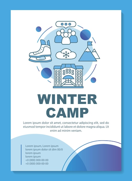 Camp D'activités Hivernales, Mise En Page Du Modèle De Brochure Du Complexe De Vacances. Flyer, Brochure, Conception D'impression De Dépliant Avec Des Illustrations Linéaires. Mises En Page Vectorielles Pour Magazines, Rapports Annuels, Affiches Publicitaires