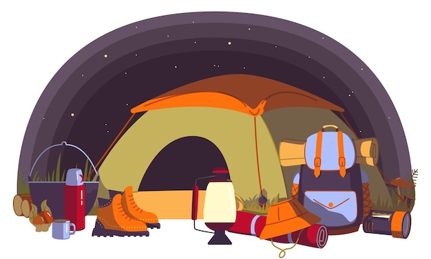 Camp d'été la nuit avec chaudron à bûches de tente de lampe et équipement de randonnée Vacances d'été