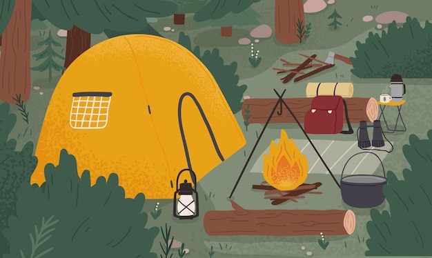 Vecteur camp touristique de forêt vide avec tente et feu de camp illustration plate vectorielle. équipement pour le tourisme d'aventure et mode de vie actif. camping ou halte pendant le voyage, le bushcraft ou la randonnée.