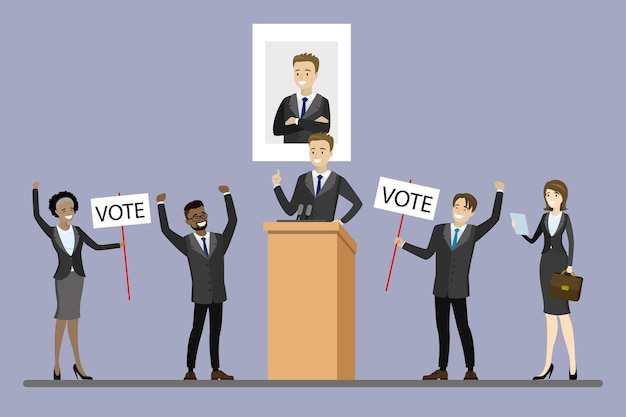 Vecteur campagne électorale d'un homme politique candidat debout à la tribune illustration vectorielle du vote