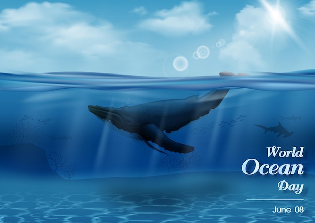 Campagne d'illustration d'affiche de la Journée mondiale des océans avec une scène sous la mer et l'océan