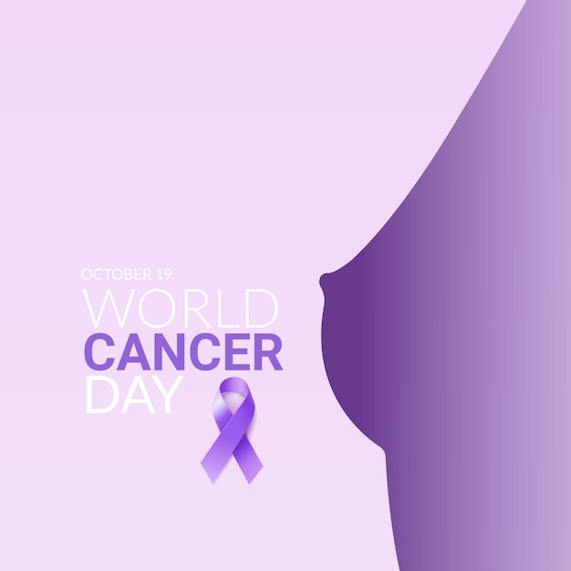 Campagne de la journée mondiale contre le cancer silhouette du sein féminin avec ruban de lavande Illustration vectorielle