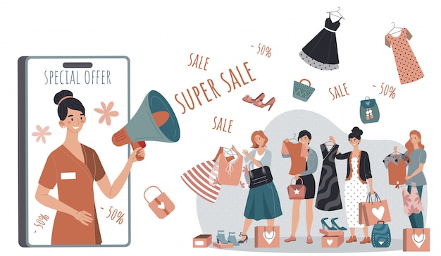 Campagne de vente shopping dans un magasin de mode femme, personnes achetant des vêtements à prix réduit, illustration