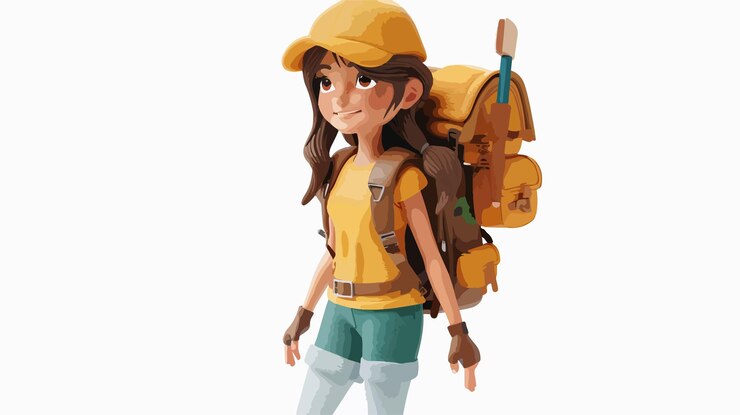 Une campeuse d'aventure avec un sac à dos qui marche en avant dans une illustration 3D