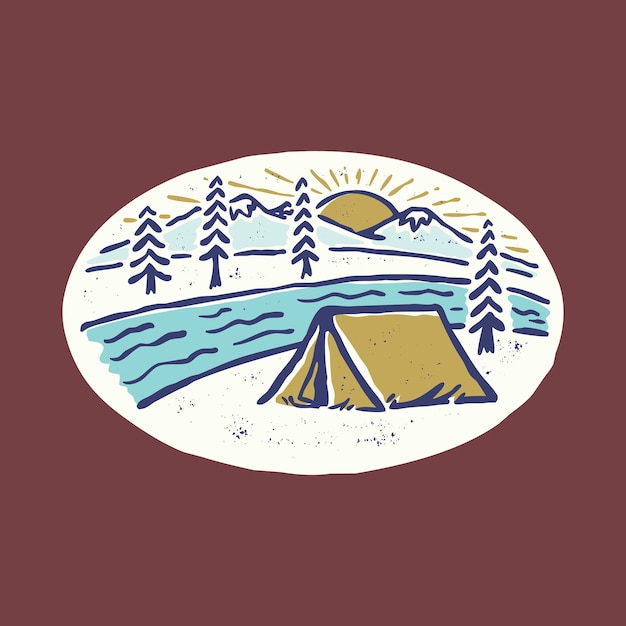 Camping Et Beau Lever De Soleil Avec Conception De T-shirt D'art Graphique De Rivière Illustration Vectorielle