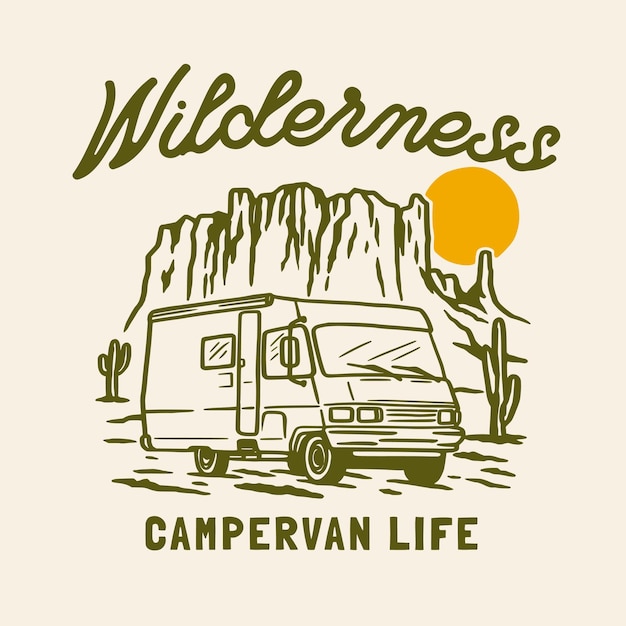 Camping-car Aventure En Plein Air Illustration D'aventure En Ligne Dessinée à La Main Logo Badge