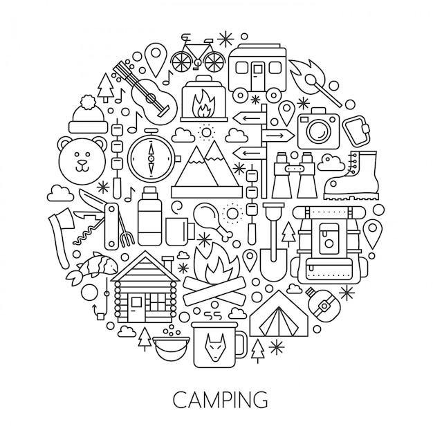 Camping, Concept De Ligne D'outils De Randonnée