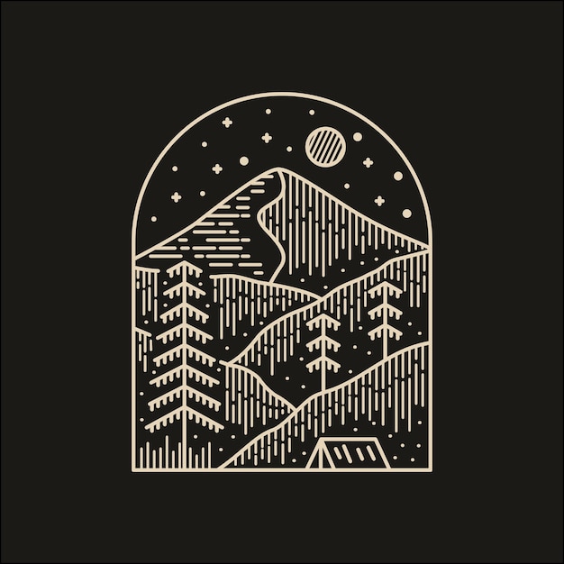 Camping Dans Les Montagnes En Conception D'art En Ligne Mono Pour La Conception De T-shirt Patch Badge