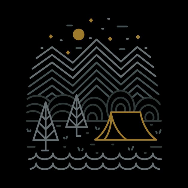 Vecteur camping dans la nature la nuit mono ligne graphique illustration vecteur art tshirt design