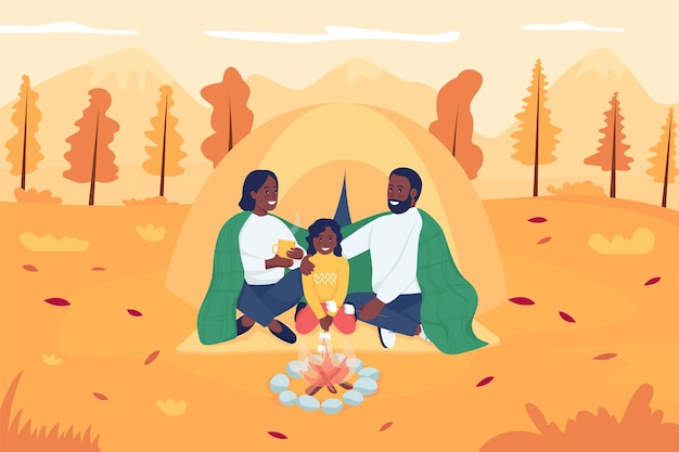 Camping Familial En Automne Illustration Vectorielle De Couleur Plate. Mère Et Père Assis Avec Un Enfant Devant Un Feu De Camp. Heureux Parents Avec Enfants Personnages De Dessins Animés 2d Avec Paysage En Arrière-plan