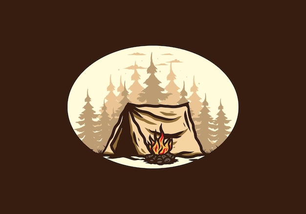 Camping En Forêt Avec Insigne D'illustration De Feu De Joie