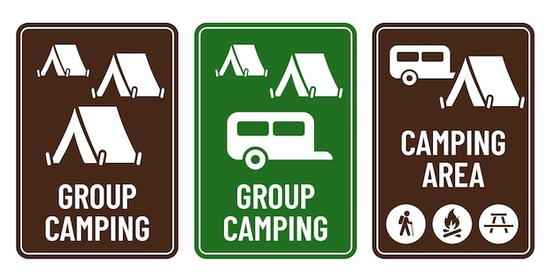 Camping De Groupe, Camping En Caravane, Icônes De Camping Imprimer Vecteur De Signe Prêt