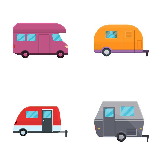 Camping icônes d'automobiles jeu de dessins animés vecteur van et camionnette avec remorque
