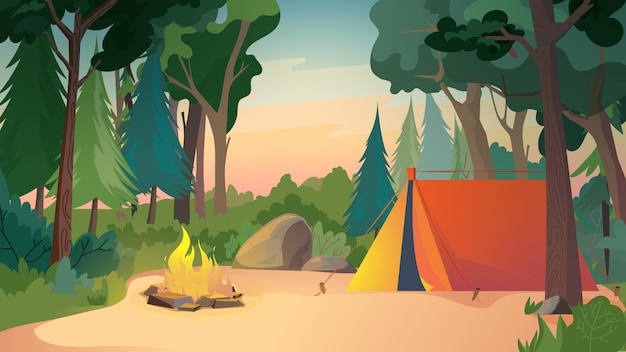 Camping Sur Illustration De Style Dessin Animé Plat Pré De Fond Web