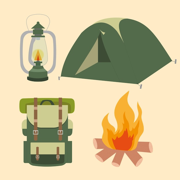 camping avec lampe, feu de camp et sac à dos