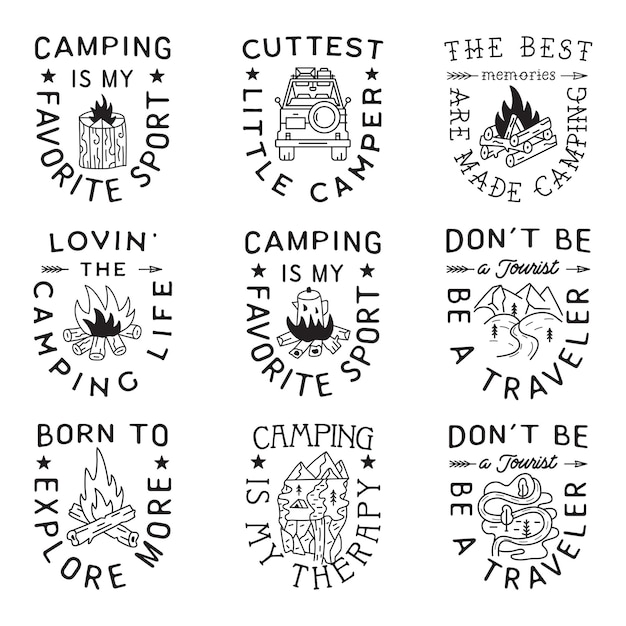 Vecteur camping t shirt designs set in minimaliste line art style avec différentes citations voyage linéaire emblèmes randonnée silhouette étiquettes stock vecteur badges