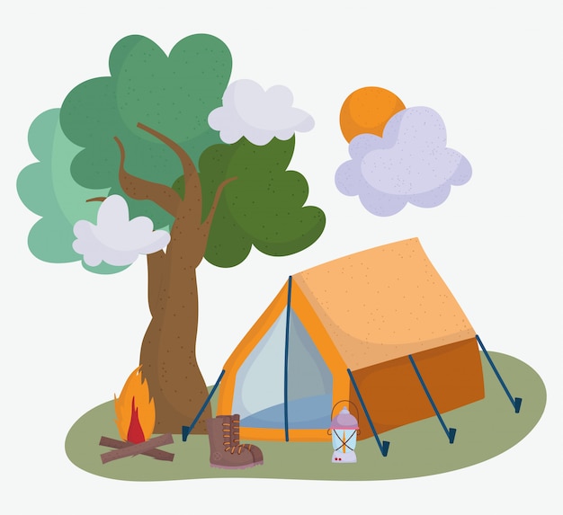 camping tente démarrage feu de joie lanterne treevacations activité aventure conception